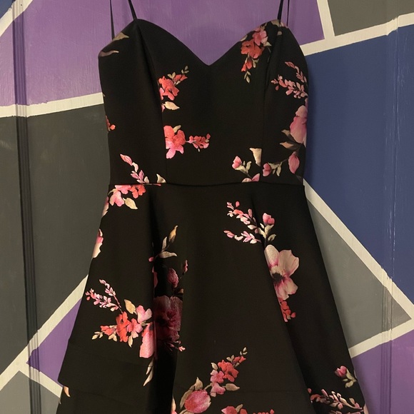 Mini Dress. Worn Once to Homecoming. Size 3/4. Black with pink florals. - Picture 1 of 3